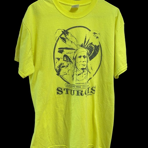 Source Unknown Other - STURGIS Bike Week 2012 Short Sleeve Neon Yellow T-Shirt Large Indian Wolf Eagle